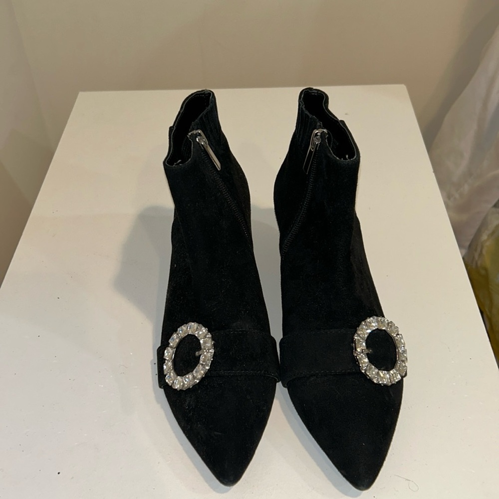 Charles David suede kitten heel booties with silver buckle
